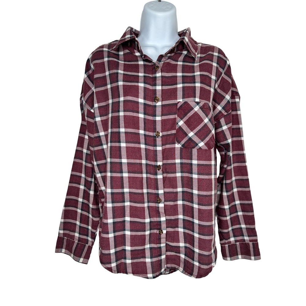 Brandy Melville Flannel Shirt One Size Burgundy Plaid Oversized Button Down Top